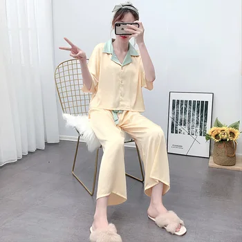 Wmyqdlq Fashionable Loose Summer Thin Section Women's Pajamas Lapel Ice Silk Short-Sleeved Trousers Home Service Suit 
Wmyqdlq Fashionable Loose Summer Thin Section Women's Pajamas Lapel Ice Silk Short-Sleeved Trousers Home Service Suit