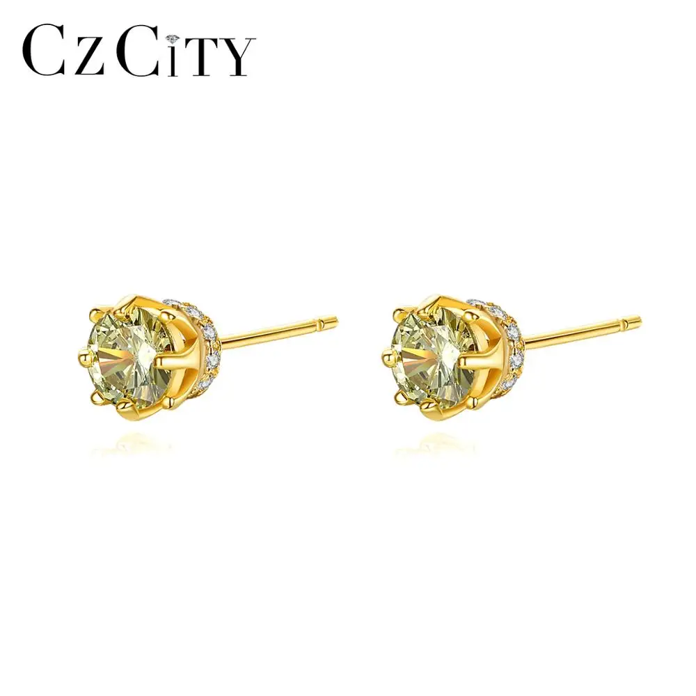 

CZCITY Simple Round Stud Earrings for Women Pure 925 Sterling Silver Yellow Small Gemstone Fine Jewelry Dating Party Gifts SE440