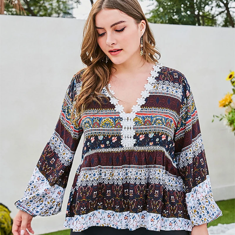Plus Size Pinted Lace Blouse Women Floral V-Neck Long Sleeve Strechy Oversized Shirt Casual Spring Summer Clothes Roupa Feminina
Plus Size Pinted Lace Blouse Women Floral V-Neck Long Sleeve Strechy Oversized Shirt Casual Spring Summer Clothes Roupa Feminina