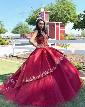 Vintage Dark Red Quinceanera Dresses Embroidery Sweetheart Sweet 16 Pageant Dress vestidos de 15 Sweep Train
Vintage Dark Red Quinceanera Dresses Embroidery Sweetheart Sweet 16 Pageant Dress vestidos de 15 Sweep Train