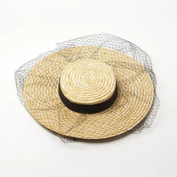 The new shallow flat-top wide-brimmed gauze decoration straw straw hat on stage show style with flat straw hat 
The new shallow flat-top wide-brimmed gauze decoration straw straw hat on stage show style with flat straw hat