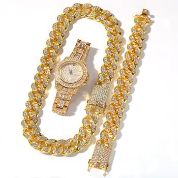 Fashion Cuba chain Necklace Bracelet Watch Set Gold Silver Color Full Iced Out Zirconial Hip hop Jewelry
Fashion Cuba chain Necklace Bracelet Watch Set Gold Silver Color Full Iced Out Zirconial Hip hop Jewelry
