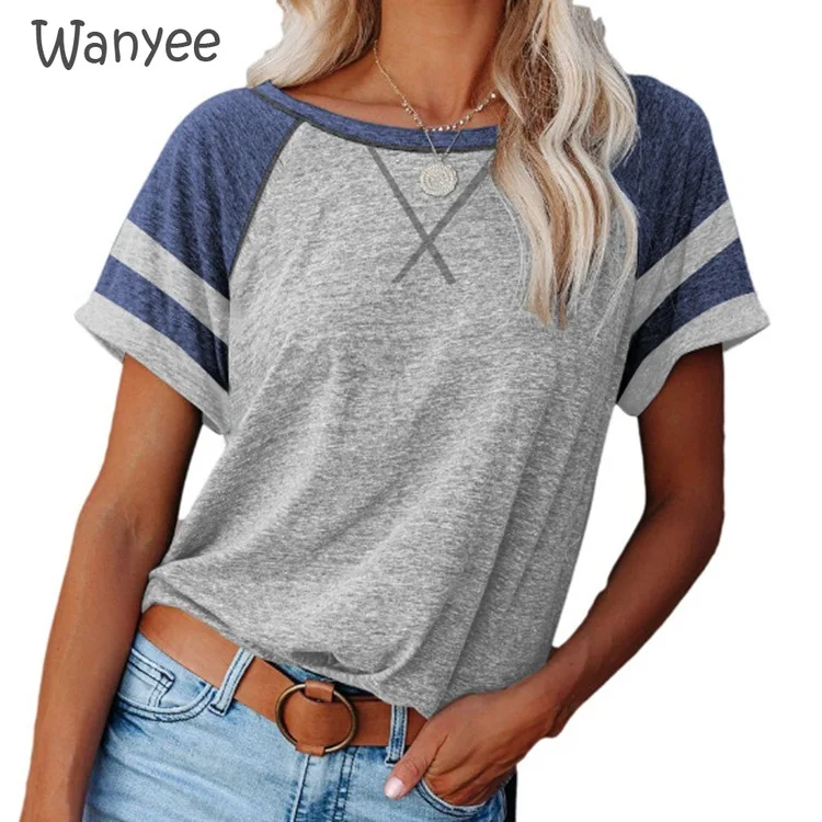 

Women's 2021 Summer Round Neck Short Sleeve Basic Splicing Color Cross Tops T-Shirt Loose Casual Comfy Crew Neck Tunics New