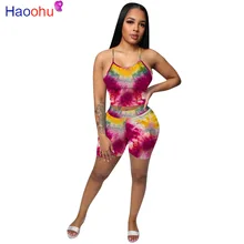 

HAOOHU Sexy Tie Dye Two Piece Set Summer Clothes for Women Tracksuits Crop Top and Biker Shorts 2 Piece Outfits Matching Sets