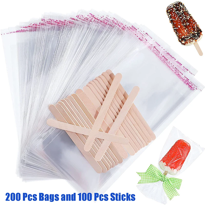 Generic 300 Pcs Popsicle Sticks And Pop Bags Set Ice Cream Clear