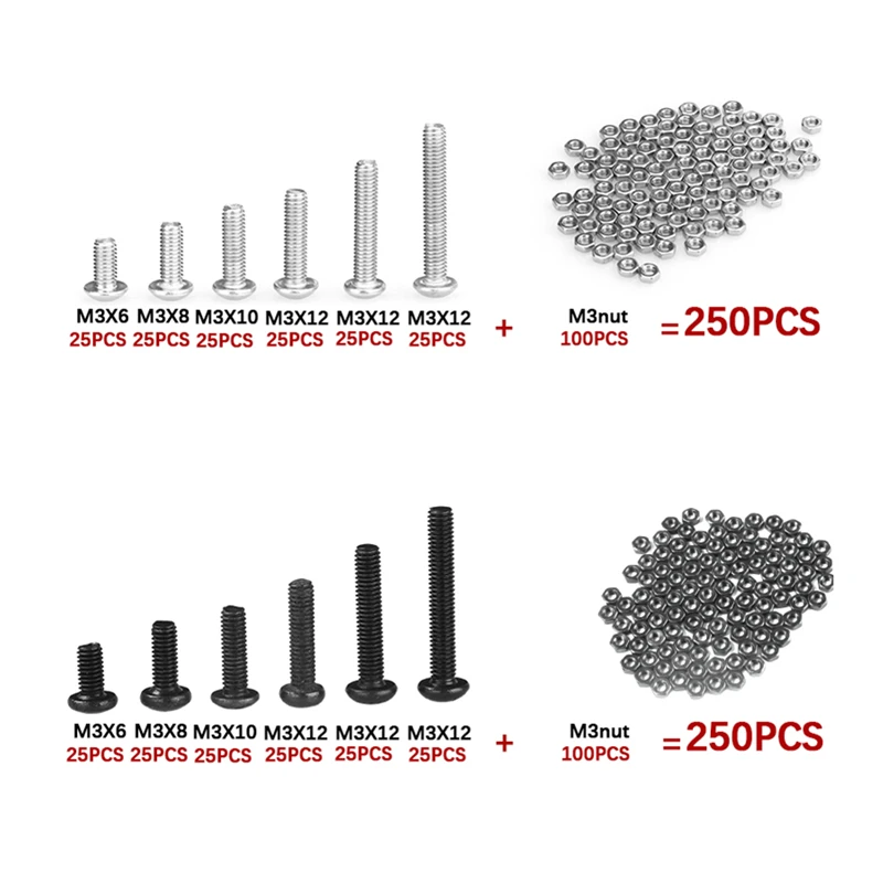 250Pcs M3*6/8/10/12/16/20 Button Head Screws Sets Hex Socket Bolt With Hex Nuts Assortment Kit
250Pcs M3*6/8/10/12/16/20 Button Head Screws Sets Hex Socket Bolt With Hex Nuts Assortment Kit