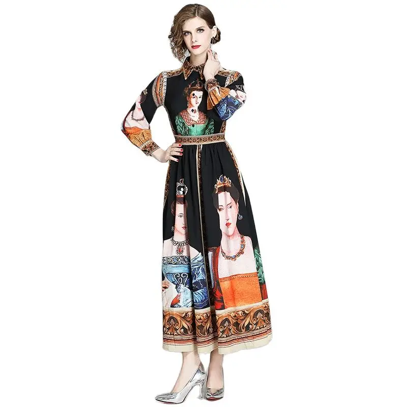 BunniesFairy 2020 Spring Runway Women Vintage Chic Beauty Character Oil Painting Print Long Sleeve Maxi Dress Vestido de Fiesta | Женская