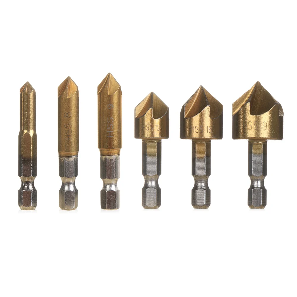 3/6pcs 5 Flute Bevel Drills Countersink Drill Bit Titanium Coated HSS1/4 "Hex Shank Angle Point Wood PVC Cutter Edge Chamfer Rea
3/6pcs 5 Flute Bevel Drills Countersink Drill Bit Titanium Coated HSS1/4 "Hex Shank Angle Point Wood PVC Cutter Edge Chamfer Rea
