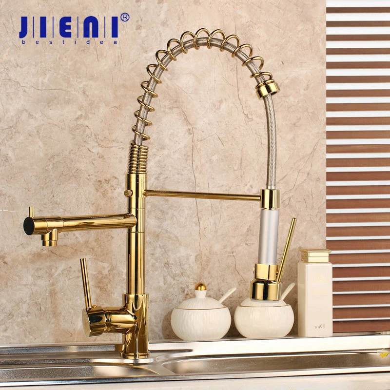 

JIENI Gold Polish Kitchen Faucet Golden Vessel Sink Swivel Faucet Washbasin Mixer Taps with Pull Down Spring Spray Water Tap