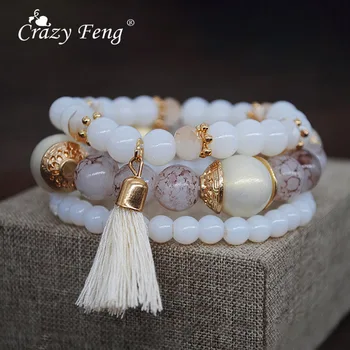 

Crazy Feng Natural Stone Strand Bracelets For Women Elastic 3 Layers Charm Bracelet Bangles Womens Wristband Gift Jewelry Gift