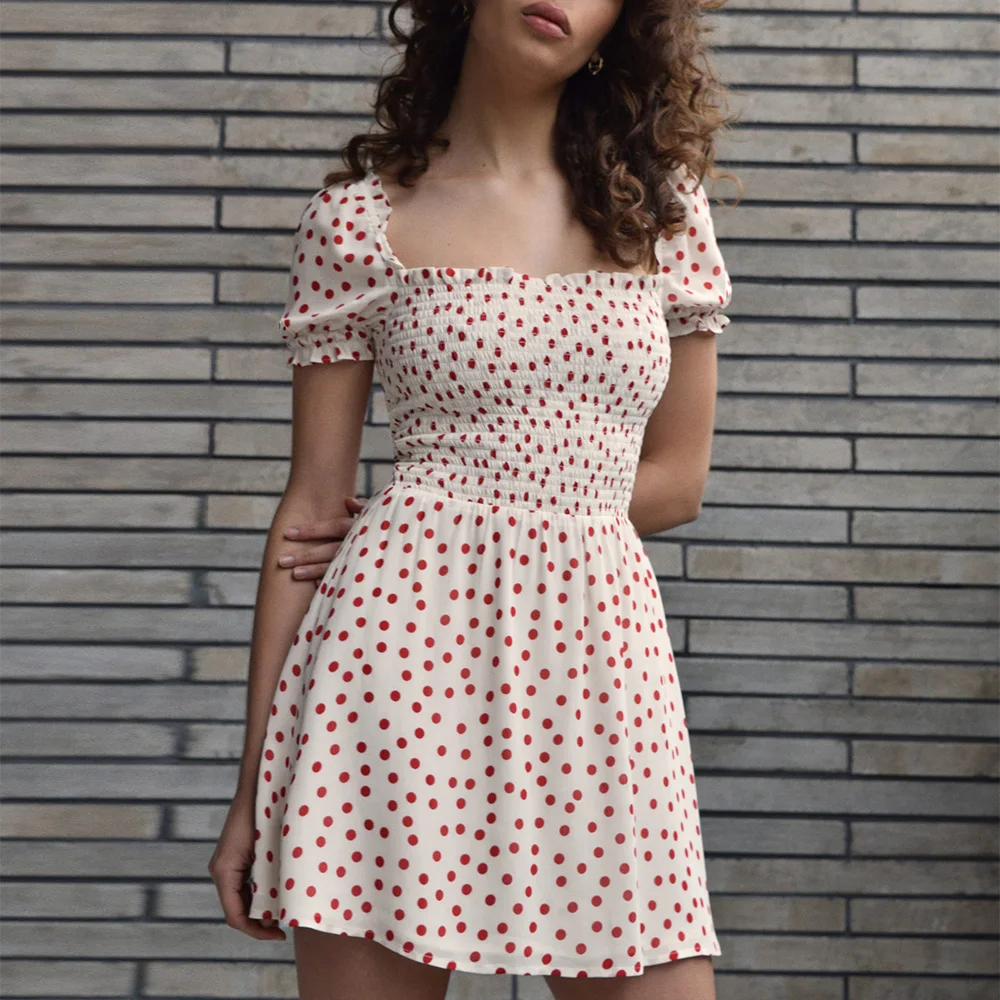 

Summer Dress 2021 Frill Square Neck Vintage Polka Dot Casual Mini Dress Woman Puff Sleeve Fit And Flare Short Dresses For Women