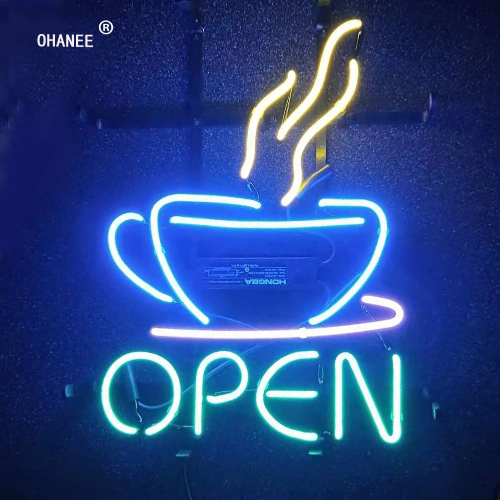 Фото Кофе магазин открытый неоновый знак светильник Настоящее неоновое стекло трубка
