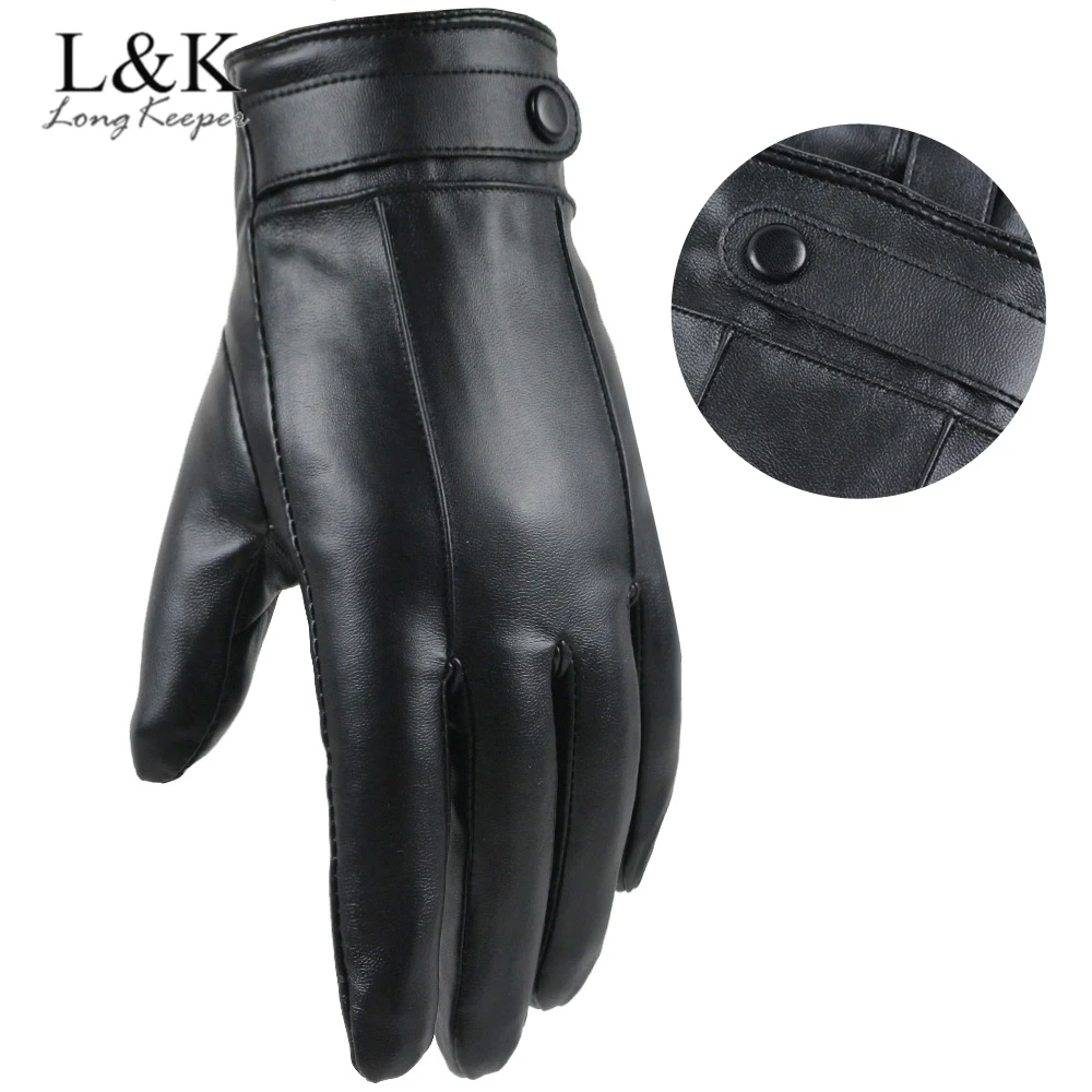 Фото Мужские перчатки из ПУ кожи черные теплые ветрозащитные для вождения с сенсорным