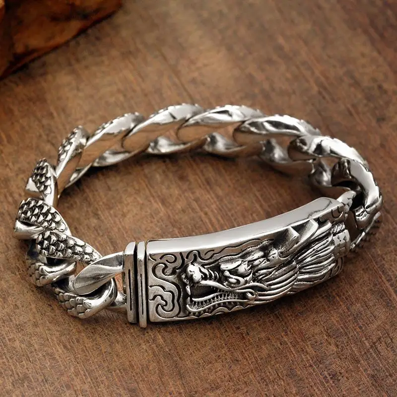 S925 Sterling Silver Bracelet faucet relief trendy man personality domineering Thai silver retro dragon brand Bracelet
S925 Sterling Silver Bracelet faucet relief trendy man personality domineering Thai silver retro dragon brand Bracelet