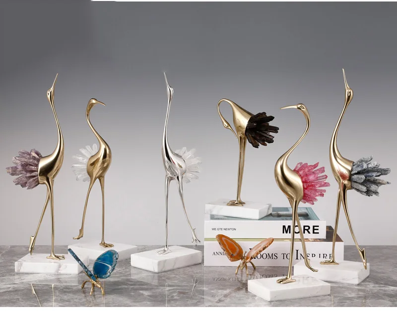 Luxtry Gold Silver Brass Flamingo Statue With Natural Pink Purple Blue Brown Crystal Stone Tail For Living Room Home Furnishing Luxtry Gold Silver Brass Flamingo Statue With Natural Pink Purple Blue Brown Crystal Stone Tail For Living Room Home Furnishing