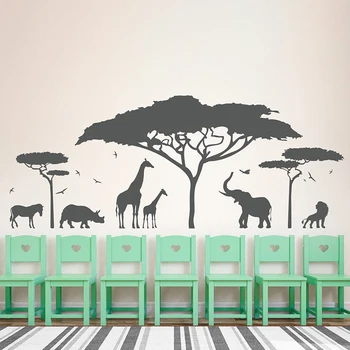 

African Safari Vinyl Sticker Zoo Animals Wall Decal, Nature Giraffe Elephant Lion Tree Wall Art Nursery Decor Room Decor Z391