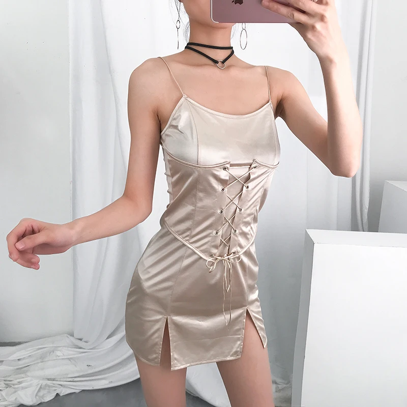 Harajuku vintage sexy lace up spaghetti stap solid double split women mini dress YQ-1034
Harajuku vintage sexy lace up spaghetti stap solid double split women mini dress YQ-1034