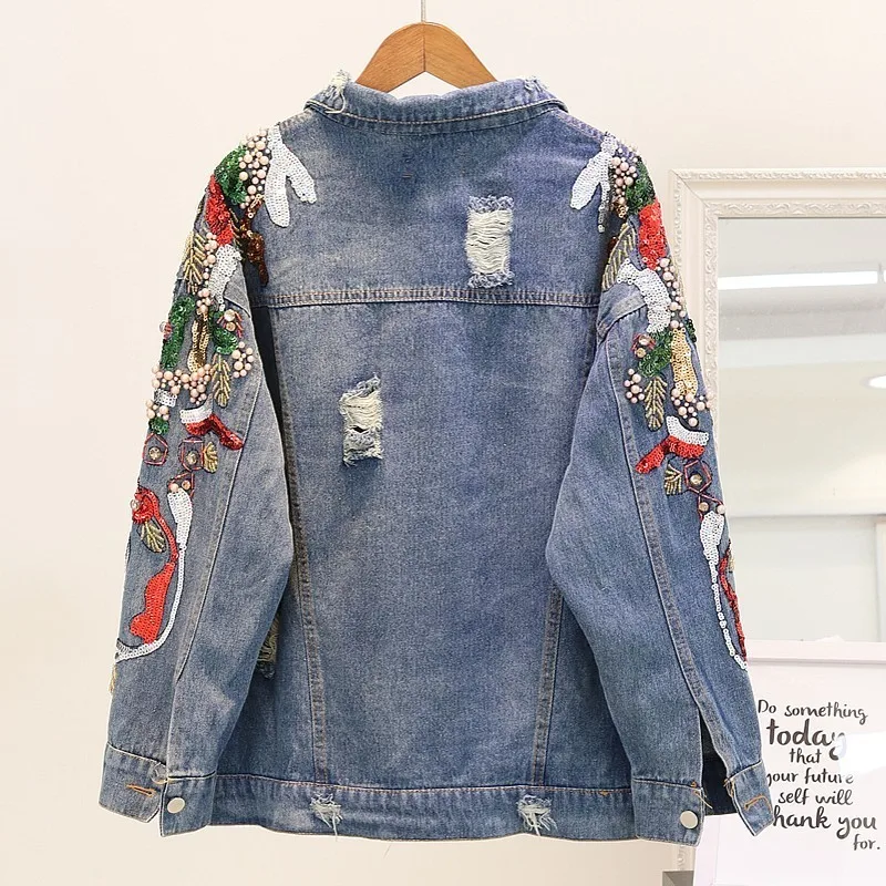 Autumn Top Quality Single Breasted Casual Jeans Jacket Women Fashion Lapel Loose Sequins Beads Diamonds Vintage Female Coats
Autumn Top Quality Single Breasted Casual Jeans Jacket Women Fashion Lapel Loose Sequins Beads Diamonds Vintage Female Coats