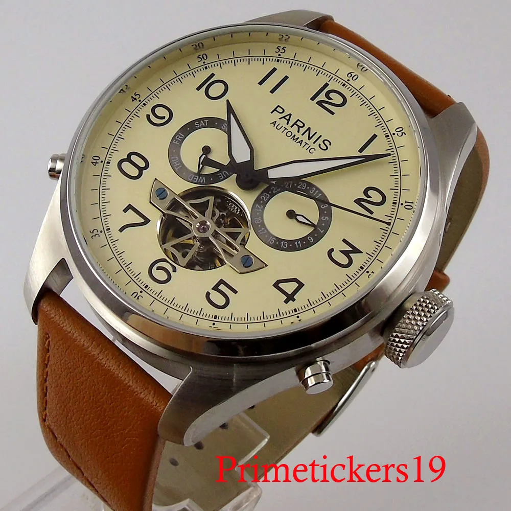 

PAPNIS Automatic men watch week display leather band round stainless steel ST Movementt