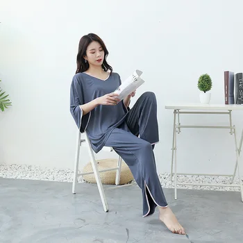 Cotton Pajamas Spring and Summer Plus Size V-neck Edging Six-quarter Sleeve Trousers Pajamas Home Casual Wear Pajamas for Women
Cotton Pajamas Spring and Summer Plus Size V-neck Edging Six-quarter Sleeve Trousers Pajamas Home Casual Wear Pajamas for Women