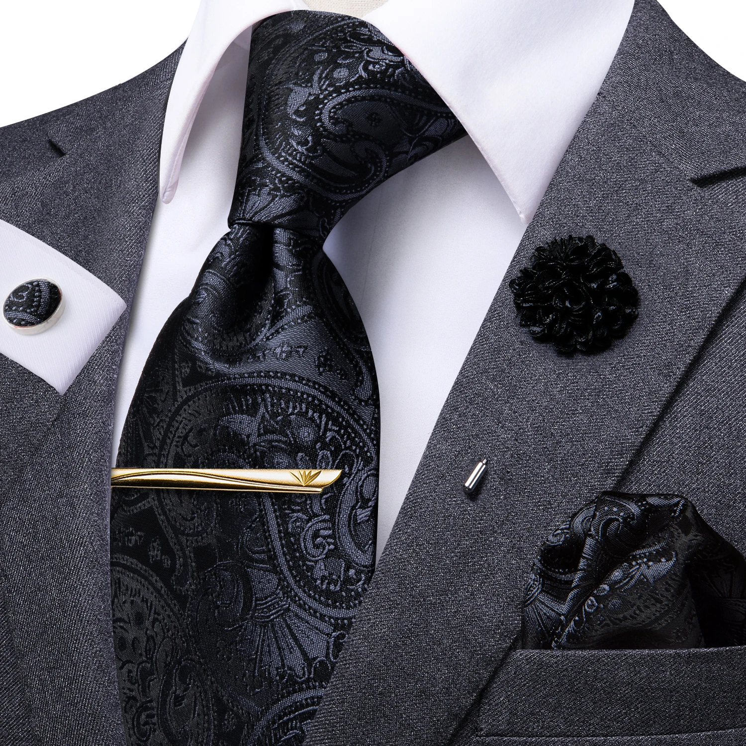 Фото Галстук Hi-Tie деловой черный с пейсли для мужчин Шелковый мужской коробка зажимов