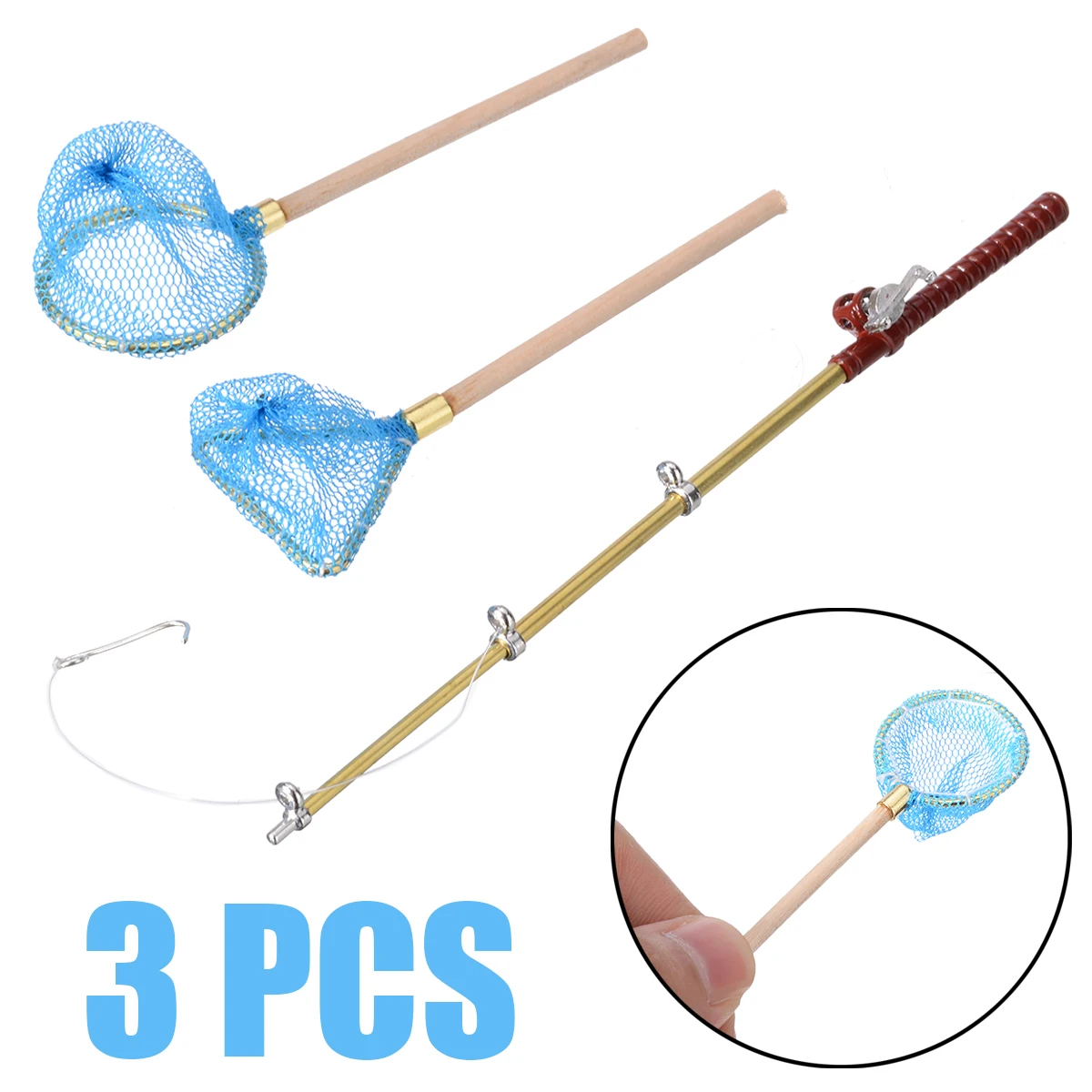 3pcs/set Fishing Rod Round Net Triangle Net Set For Miniature 1:12 Dollhouse Decor Garden Decoration