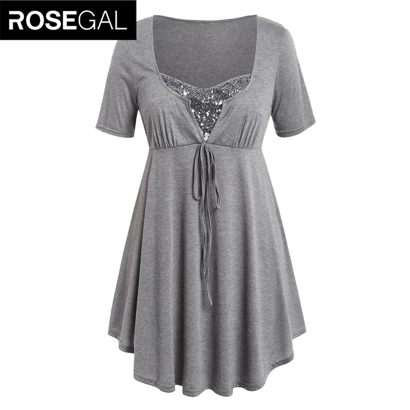 

ROSEGAL Plus Size Women T-Shirts Empire High Waist Low Marled T-Shirt V-Neck Short Flare Sleeve A-Line Summer Tops Casual Tees