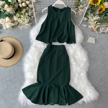 2020 Fashion Women Two Piece Sets Summer Sleeveless Tops + Ruffles Wrap Skirt Outfit Woman Elegant 2 Pcs Suit Elegant Clothes
2020 Fashion Women Two Piece Sets Summer Sleeveless Tops + Ruffles Wrap Skirt Outfit Woman Elegant 2 Pcs Suit Elegant Clothes