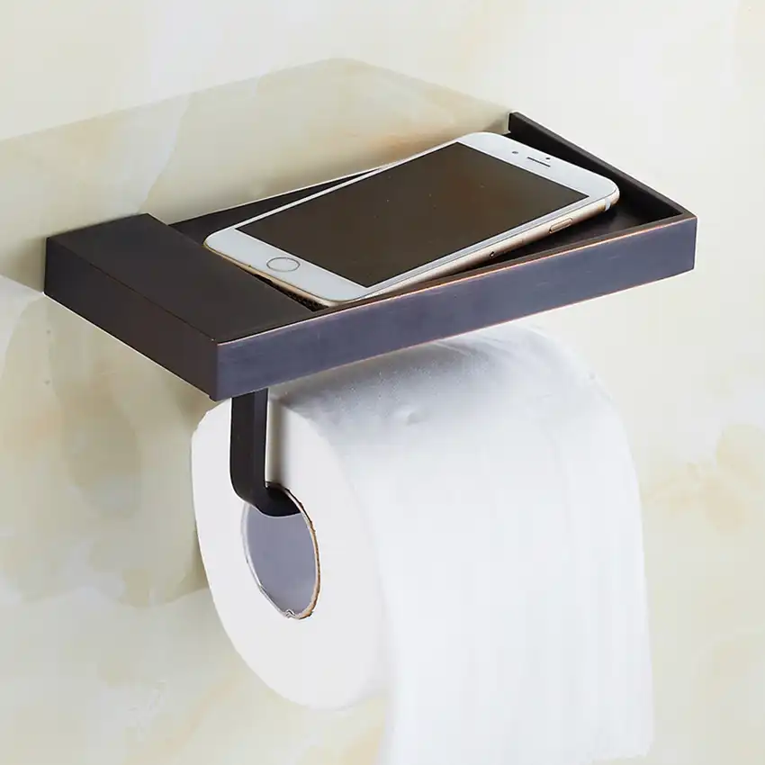 Retro Roll Paper Holder Rack Toilet Black Copper Tissue Shelf