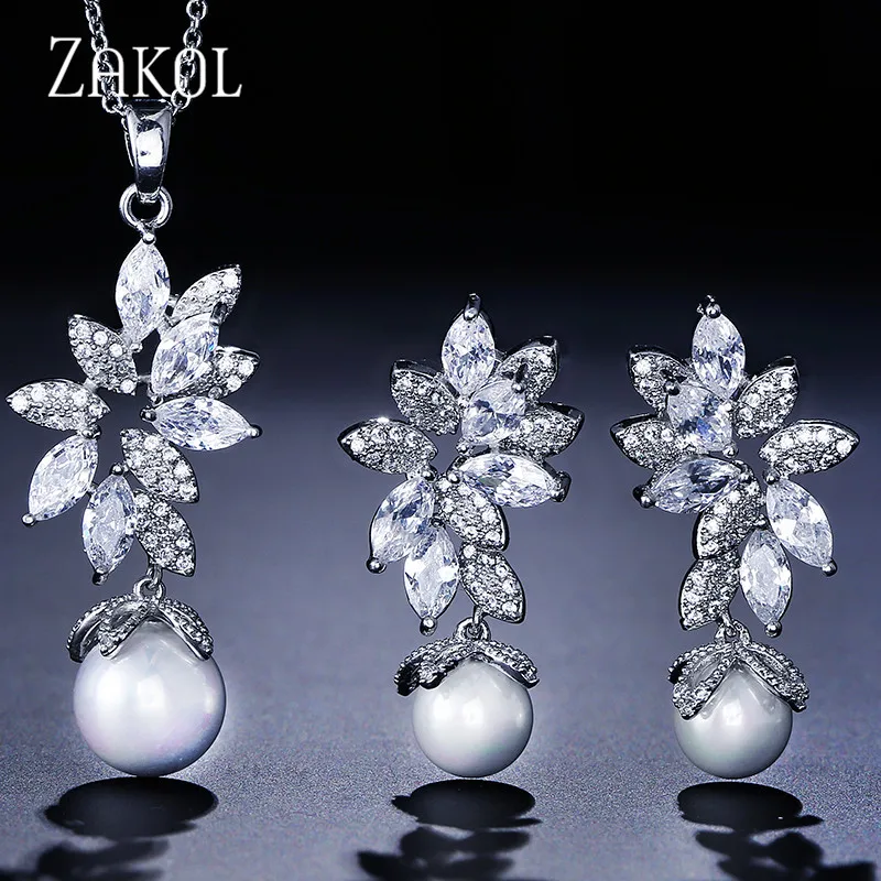 

ZAKOL New Statement Brincos Micro Paved Tiny CZ Zircon Simulated Pearl Earrings Pendant Necklace Jewelry Set for Women Girl Gift