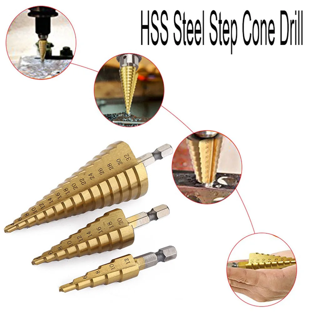 4-12 4-20 4-32 HSS Titanium Coated Step Drill Bit Drilling Power Tools Metal High Speed Steel Wood Hole Cutter Cone Drill
4-12 4-20 4-32 HSS Titanium Coated Step Drill Bit Drilling Power Tools Metal High Speed Steel Wood Hole Cutter Cone Drill