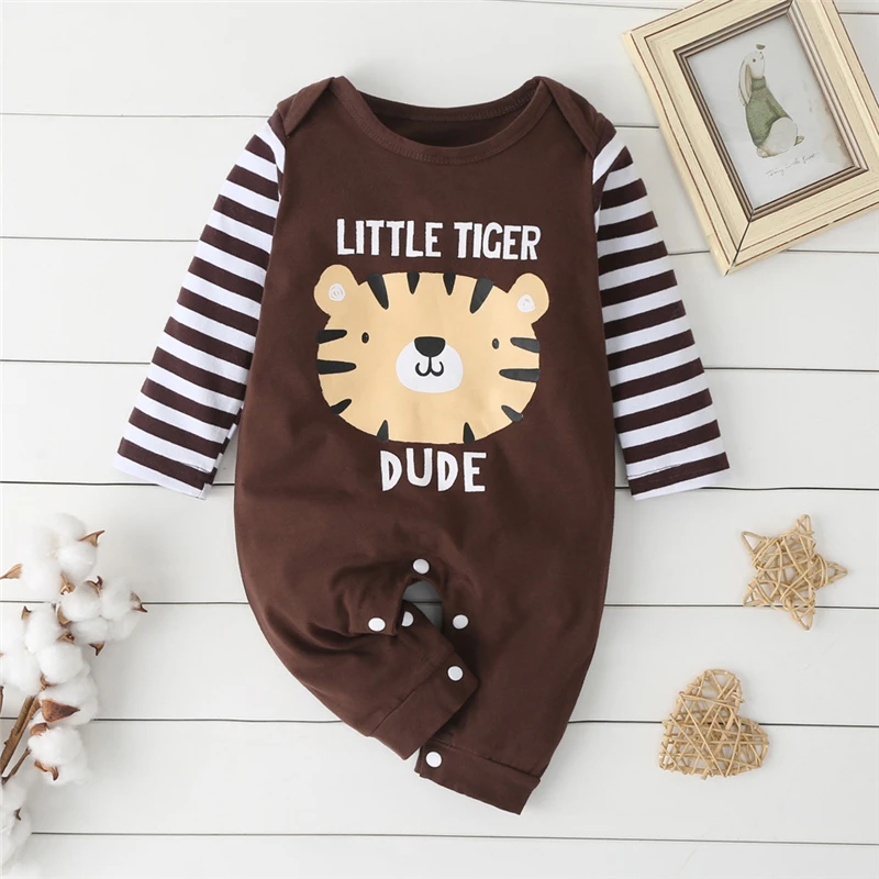Babys Stripe Animal Print Jumpsuit, Toddler Boy Girl Boy O-neck Long Sleeve Romper, Button Trousers 
Babys Stripe Animal Print Jumpsuit, Toddler Boy Girl Boy O-neck Long Sleeve Romper, Button Trousers