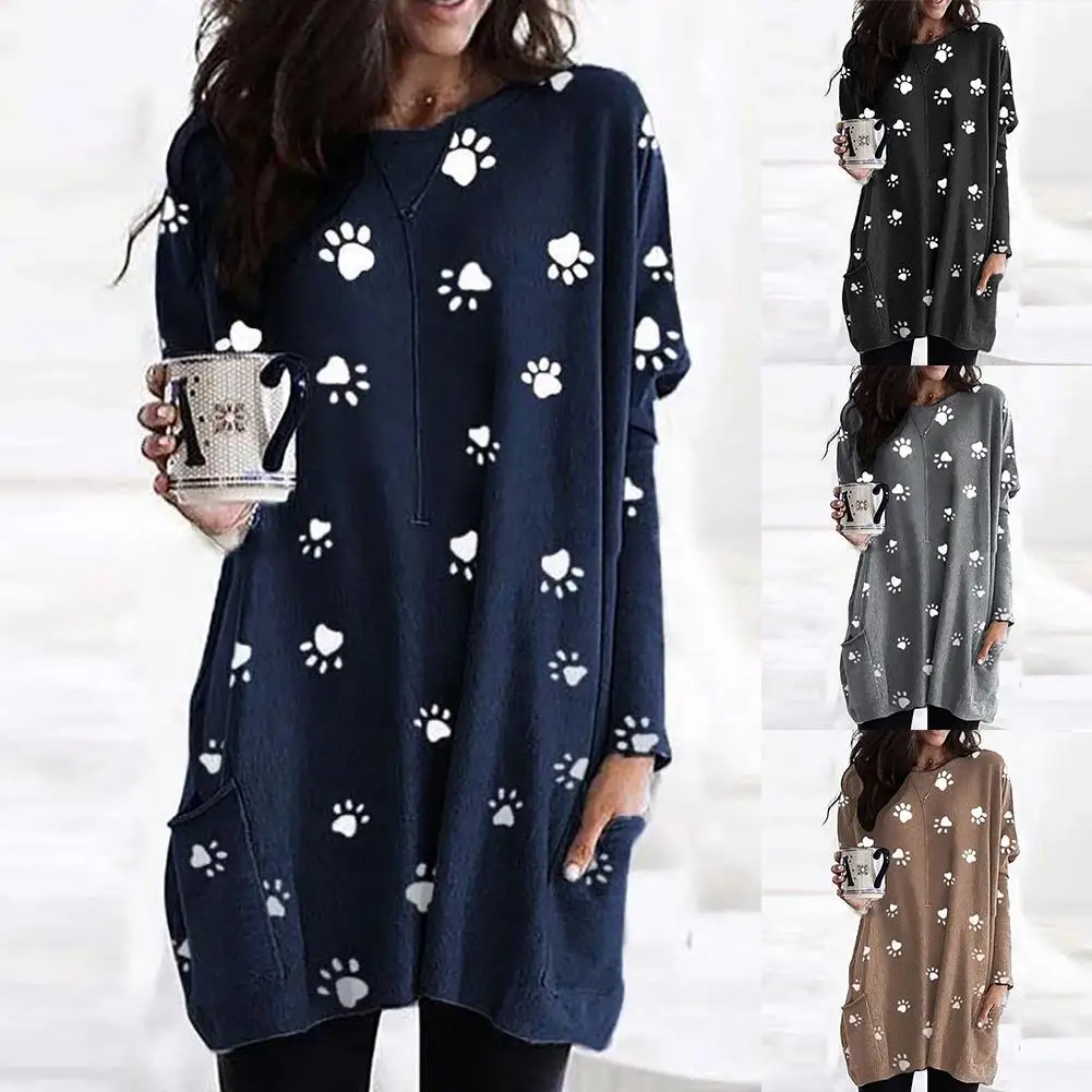 

New blouse women Casual Autumn O Neck Paw Print Pockets Tunic Top Long Blouse Pullover blusas mujer de moda 2020