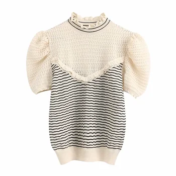 2020 summer women's new short-sleeved round neck laminated decorative sweater striped stitching hollow thin sweater
2020 summer women's new short-sleeved round neck laminated decorative sweater striped stitching hollow thin sweater