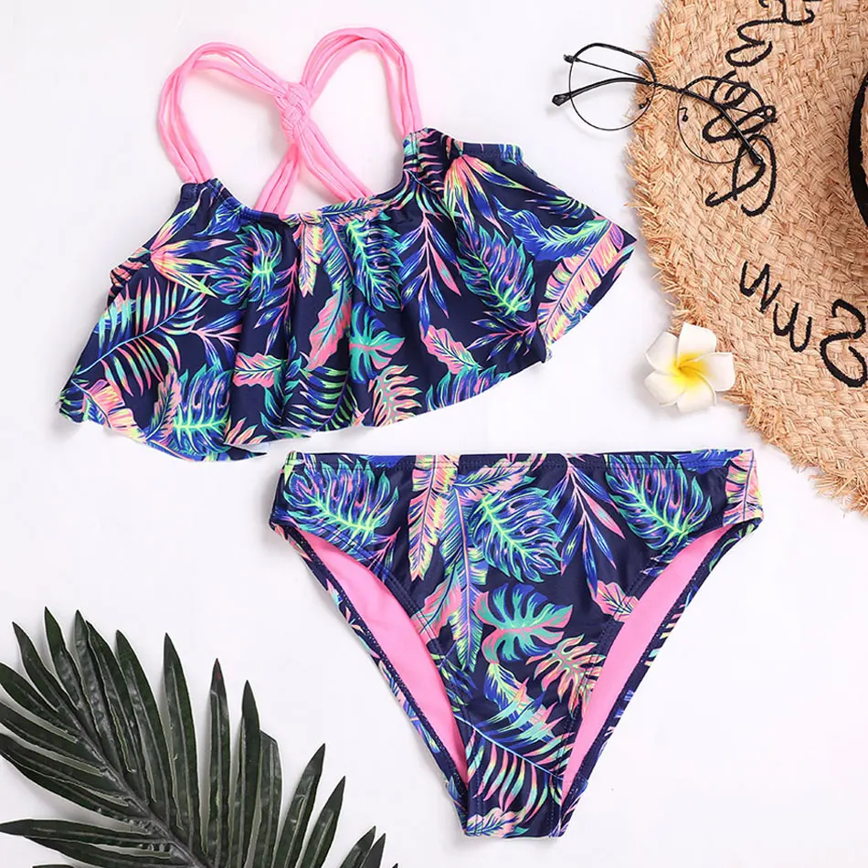 

Girl Tropical Leaf Print Bikini Swimsuit Kids Flounce Two Piece Children's Swimwear 7-15Years Bathing Suit Summer Beachwear 2024