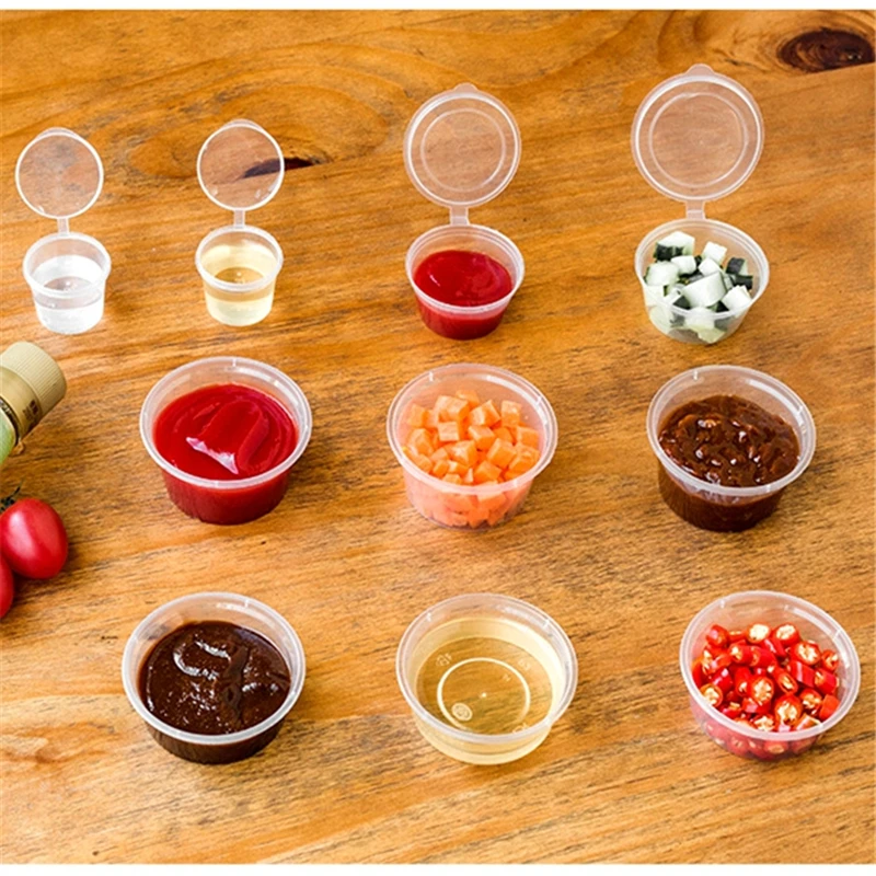 Description Picture 4 of item30pcs/Set 30ml 50ml 100ml Disposable Plastic Takeaway Sauce Cup Containers Food Box with Hinged Lids Pigment Paint Box Reusable