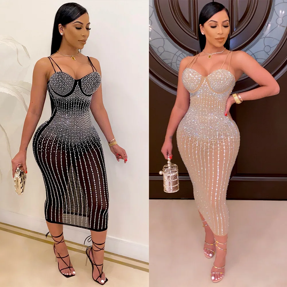 

Mesh See Though Hot Rhinestones Plunging V-neck Midi Bodycon Dress for Women Sexy Club Party Dresses Pencil Vestidos
