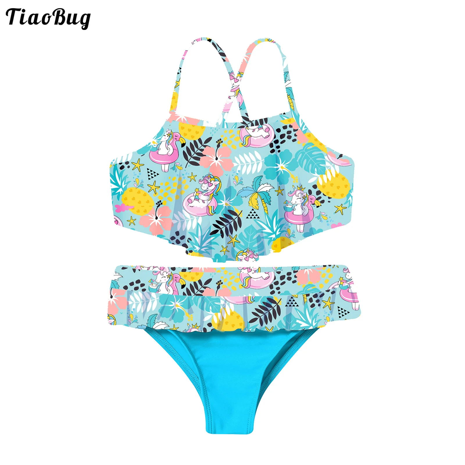 

TiaoBug Summer 2Pcs Kid Girl Bikini Suit Spaghetti Straps Criss Cross At Rear Ruffle Hem Tube Top With Bottom Set Beach Swimwear