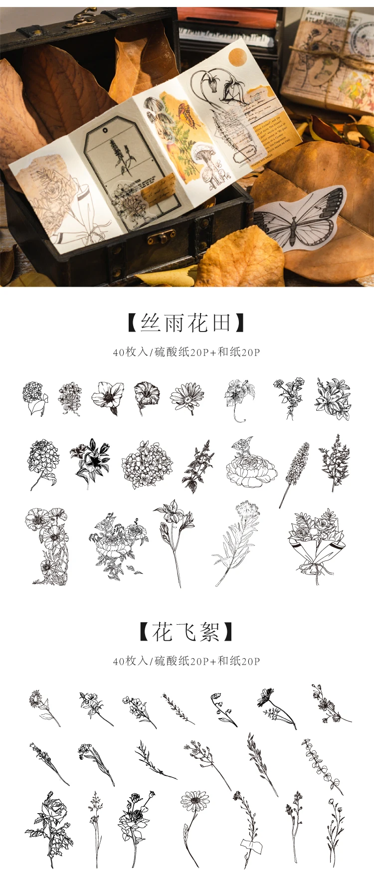 Generic Yoofun 40sheets Vintage Material Papers Washi + Parchment