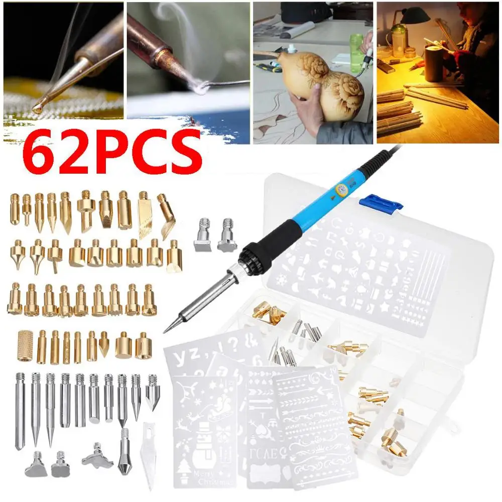 62Pcs 60W Electric Soldering Iron Wood Burning Pen Tip Kit Pyrography Craft Tool for Woodworking Soldering Metal Work Craft
62Pcs 60W Electric Soldering Iron Wood Burning Pen Tip Kit Pyrography Craft Tool for Woodworking Soldering Metal Work Craft