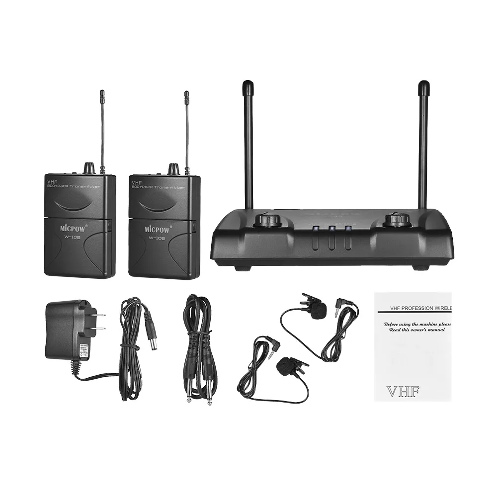 Hot New VHF Dual Channel Wireless Microphone Mic System with 2 Lapel Lavalier Microphones + 2 Bodypack Transmitters + 1 Receiver