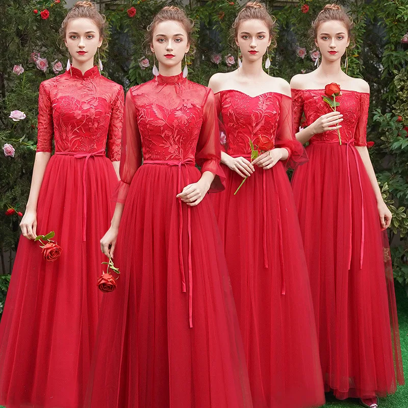 Фото Женское платье подружки невесты Mingli бордовое кружевное с длинным рукавом и