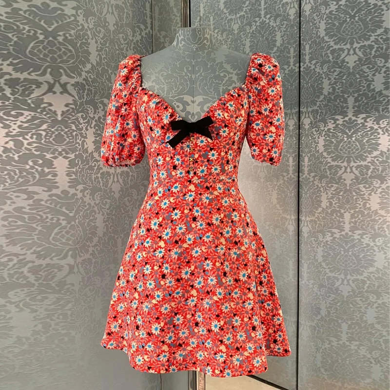 

Puff sleeve floral dress women French style 2022 summer new French retro V-neck bow short-sleeved a-line dress