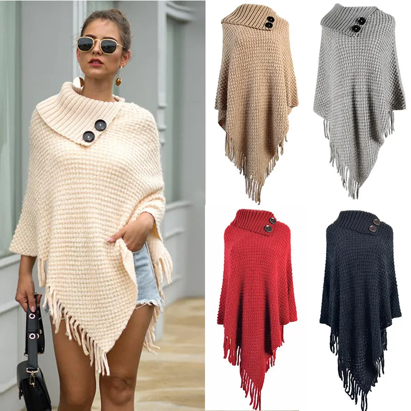 

2020 Autumn and Winter New Tassel Cape Shawl Button Half Open Collar Solid Color Pullover Women's Knitted Sweater One Size