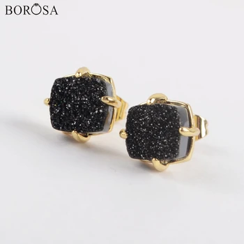 

BOROSA 5Pairs New Gild Claw 8mm Square Natural Agates Titanium Black Druzy Stud Earrings Drusy Earrings Jewelry for Women ZG0429