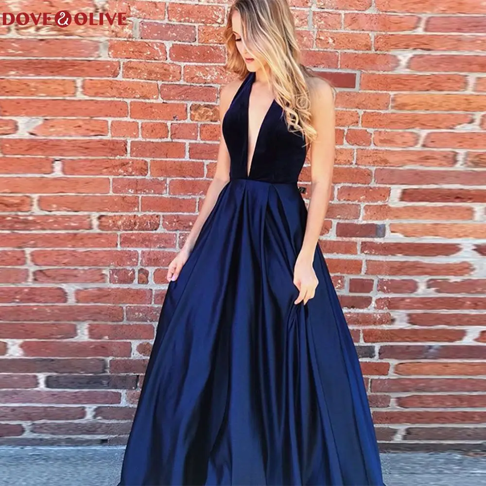 Navy Blue Halter Neck Satin A-Line Prom Dresses 2020 Women Formal Party Long Evening Gowns vestido de fiesta Elegant gala jurken
Navy Blue Halter Neck Satin A-Line Prom Dresses 2020 Women Formal Party Long Evening Gowns vestido de fiesta Elegant gala jurken