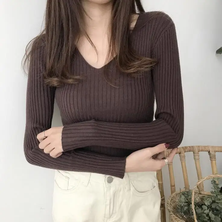 Women V-neck Basic Ribbed Knitted Pullover Sweater Ladies Autumn Winter Slim Sweaters Tops 7 Colors