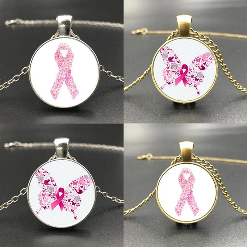 Crystal angel and Breast Cancer Sign Collar Magnetic Brooch//Necklace Pendant Pink