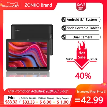 

ZONKO 7 inch Tablet Android 8.1 Portable Tablet PC GPS Quad Core 1024*600 IPS Dual Cameras WiFi 1GB RAM 8GB ROM Study Tablets