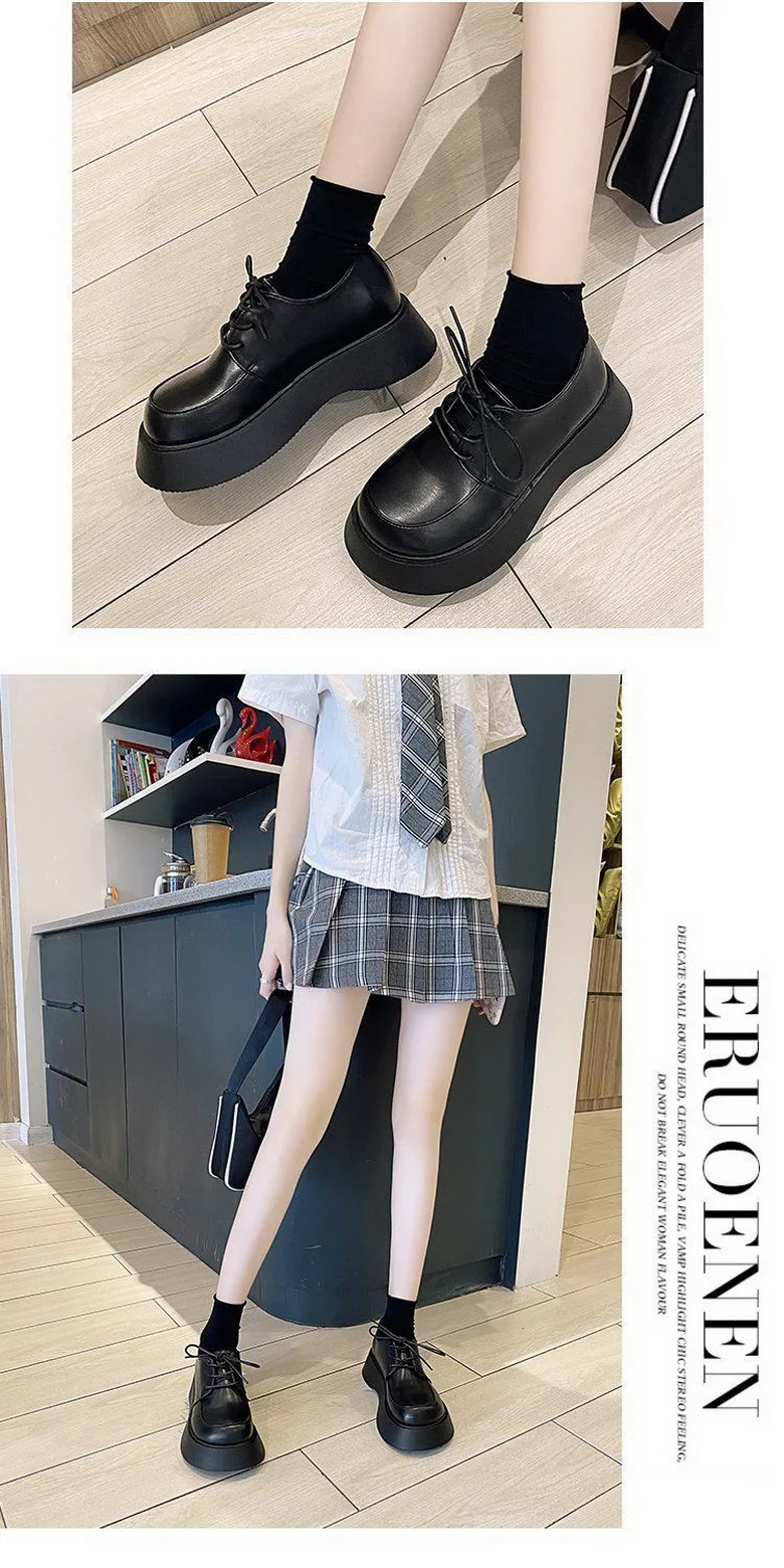 Platforms Shoes Women Bottom Heels Woman Autumn Shoes Round Big toe Shoe British Style Girls Faves Footwear Slip On Black